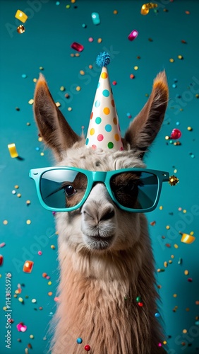 Playful llama wearing a colorful party hat and turquoise sunglasses, surrounded by festive confetti against a bright teal background. Ideal for celebration and fun themes. photo