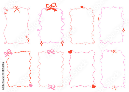 Whimsical coquette frame with bow and curly garland. Whimsical border pink coquette style. Vector illustration