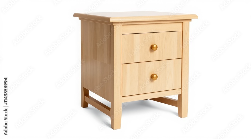 Wooden bedside table with two drawers and round knobs on a white background Wooden bedside table with two drawers and round knobs on a white background