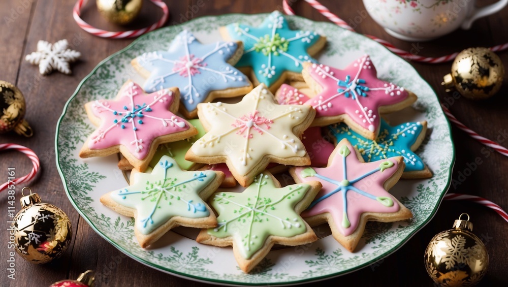 Fototapeta premium Festive plate of decorated Christmas cookies in star shapes with pastel colors and intricate icing.