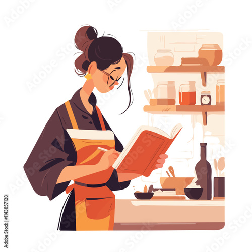 Vector illustration of a female chef character in the kitchen