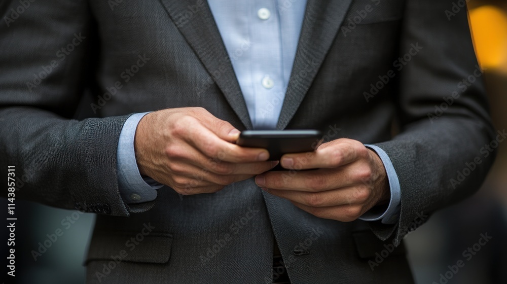 Close-up of businessman using smartphone. Close-up of businessman using smartphone.