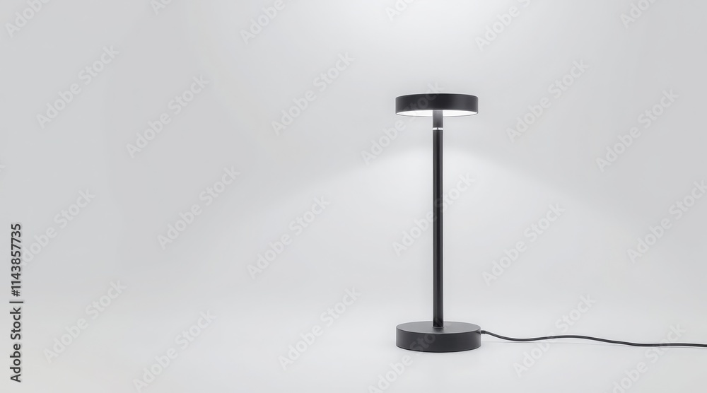 Minimalist black desk lamp with a sleek design on a gray background Minimalist black desk lamp with a sleek design on a gray background