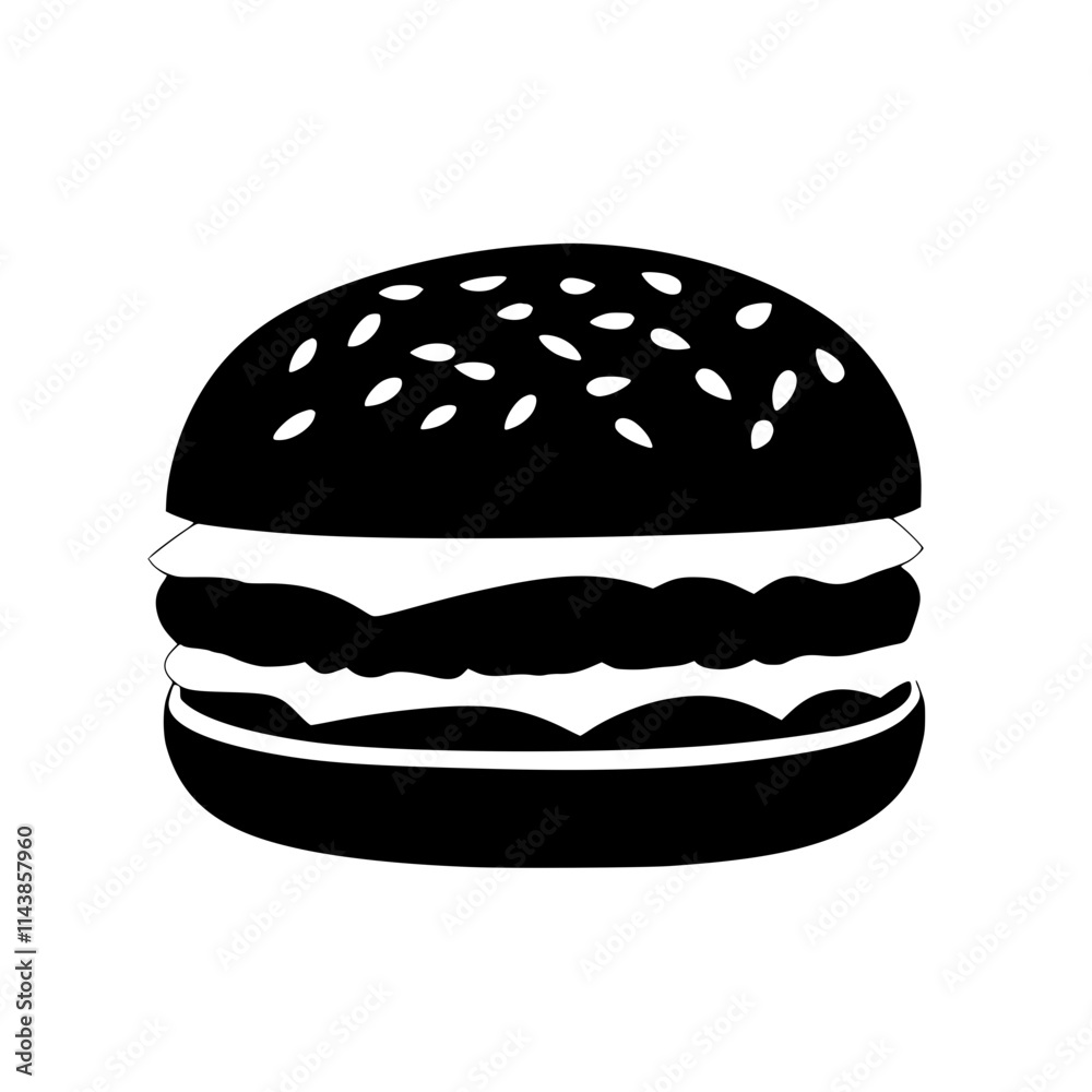 Minimalist Burger Icon in Black and White, Simple black-and-white silhouette of a classic burger with sesame seed bun, perfect for logos, illustrations, or graphic design.
Minimalist Burger Icon in Black and White, Simple black-and-white silhouette of a classic burger with sesame seed bun, perfect for logos, illustrations, or graphic design.