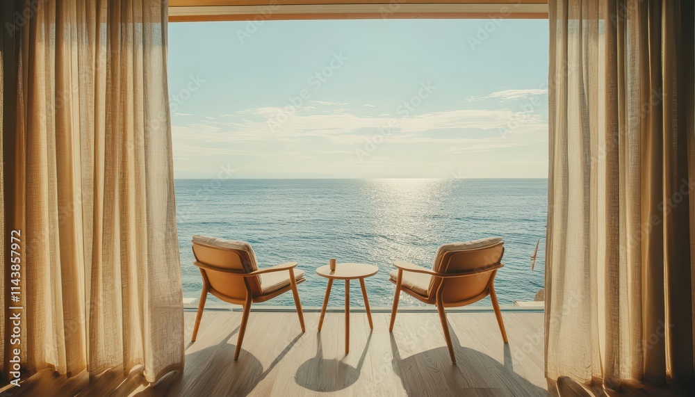 Naklejka premium Coastal Serenity Tranquil Ocean View Room with Cozy Seating and Warm Sunlight