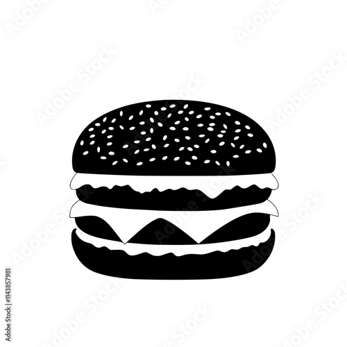 Minimalist Burger Icon in Black and White, Simple black-and-white silhouette of a classic burger with sesame seed bun, perfect for logos, illustrations, or graphic design.

