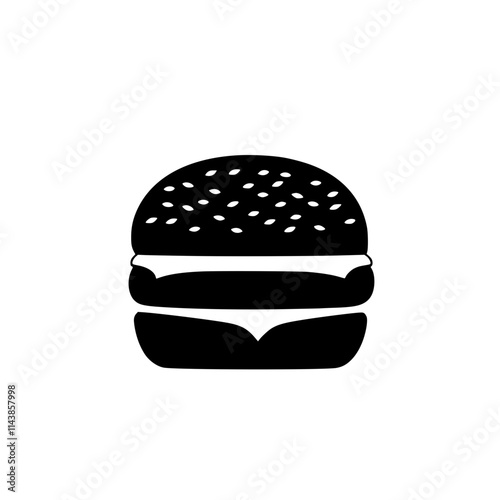 Minimalist Burger Icon in Black and White, Simple black-and-white silhouette of a classic burger with sesame seed bun, perfect for logos, illustrations, or graphic design.

