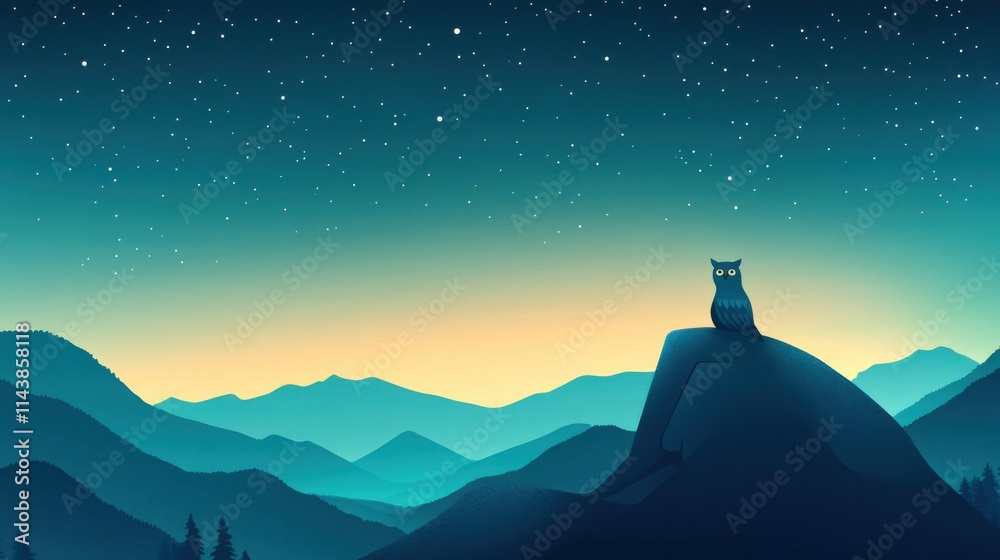 Majestic silhouette of an owl perched on a rocky outcrop against a starlit sky, with distant mountains and a tranquil gradient of twilight colors Majestic silhouette of an owl perched on a rocky outcrop against a starlit sky, with distant mountains and a tranquil gradient of twilight colors