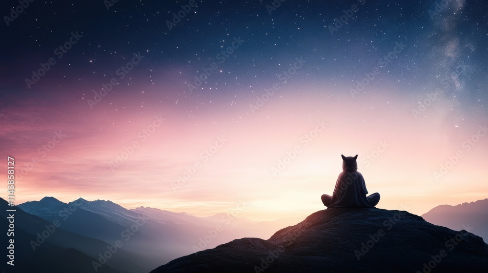 Serene Landscape with a Cat Silhouette Against a Stunning Twilight Sky and Majestic Mountain Range in the Background Serene Landscape with a Cat Silhouette Against a Stunning Twilight Sky and Majestic Mountain Range in the Background