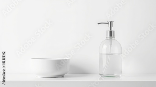 Clear glass soap dispenser and white bowl on a minimalist white surface