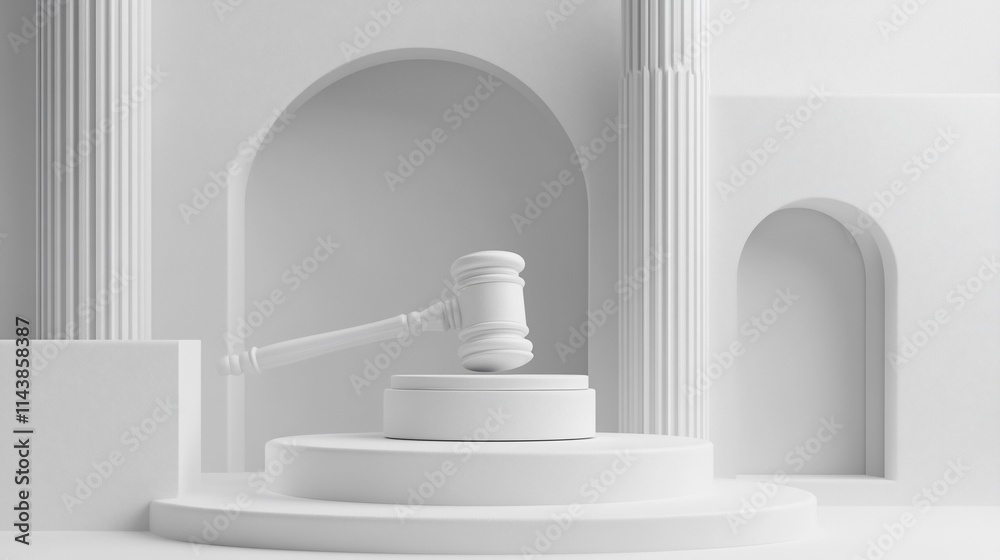 White gavel on podium, minimalist courtroom setting.