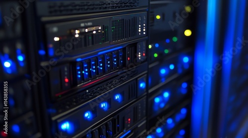 A close-up of server racks illuminated by blue lights, showcasing data storage technology.