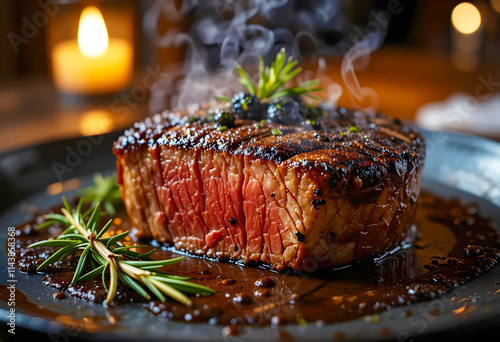 A Teasty Meet Of Marbled Beef, Sizzling Sear, Charred Grill marks, Rosemary Garnish, Gourmet Plating