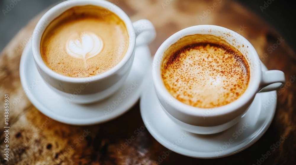 Two cups of coffee with latte art on a wooden surface. Two cups of coffee with latte art on a wooden surface.