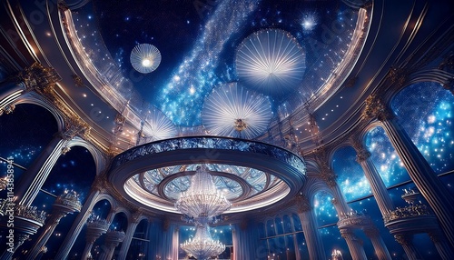 Grand Ballroom with Crystal Chandeliers, Marble Floors, and Floating Stars photo