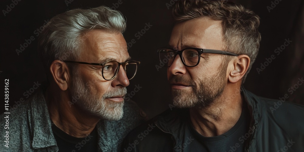 Two generations of family men in a studio setting, showcasing the bond and inspiration shared between them. The family men represent different stages of life and their connections. Two generations of family men in a studio setting, showcasing the bond and inspiration shared between them. The family men represent different stages of life and their connections.