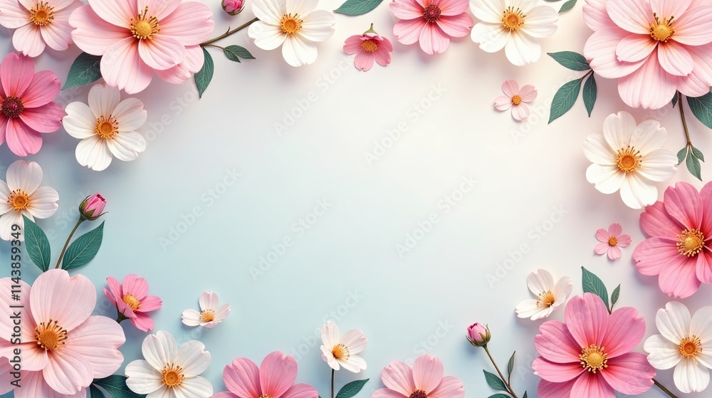 Delicate Pink and White Floral Frame with Pastel Background Perfect for Springtime Announcements or Greetings Delicate Pink and White Floral Frame with Pastel Background Perfect for Springtime Announcements or Greetings