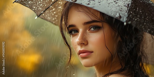 Captivating natural female beauty showcased in the enchanting ambiance of autumn rain, highlighting the elegance and grace found in nature s elements during the season. photo