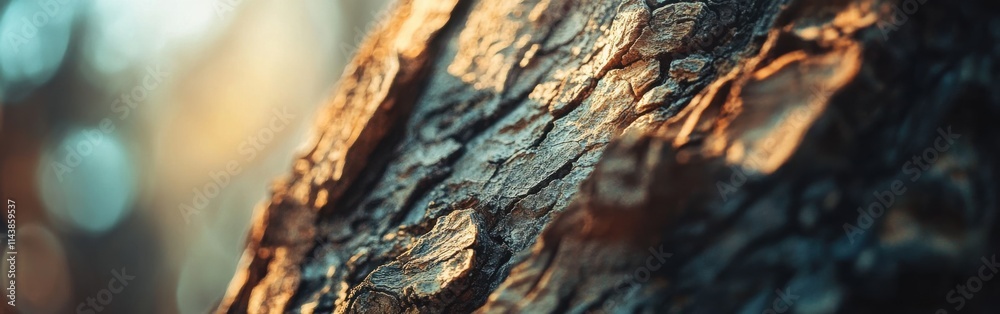 Textured close-up of ancient tree bark highlighting intricate patterns and natural colors in a forest setting