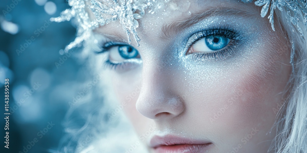 Close up portrait of an ice queen, showcasing a stunning snow queen look. This beautiful girl features intricate creative makeup that highlights her role as an enchanting ice queen. Close up portrait of an ice queen, showcasing a stunning snow queen look. This beautiful girl features intricate creative makeup that highlights her role as an enchanting ice queen.