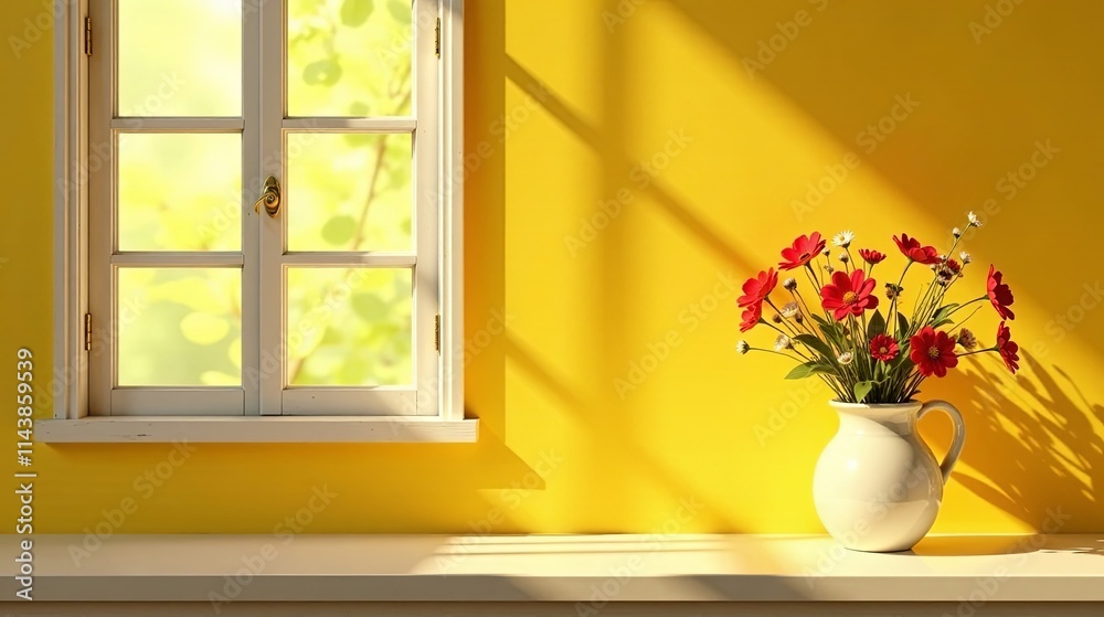 Sunny Windowsill with Vibrant Red Flowers in a Simple White Pitcher Sunny Windowsill with Vibrant Red Flowers in a Simple White Pitcher