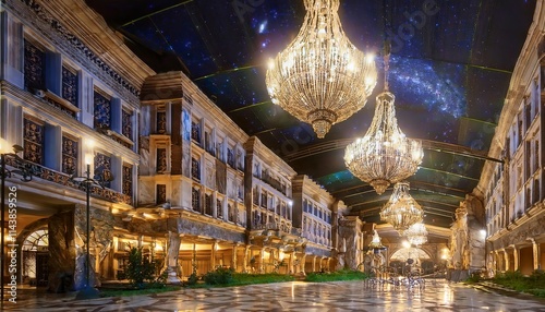 Grand Ballroom with Crystal Chandeliers, Marble Floors, and Floating Stars photo