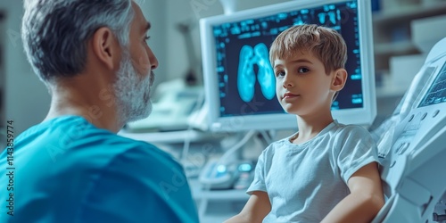 Doctor performing an ultrasound examination of kidneys on a child in a clinic, focusing on the diagnosis of pyelonephritis in children and its implications for health. photo