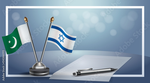 Pakistan and Israel National flags on small table with bokeh background, cooperative relationship