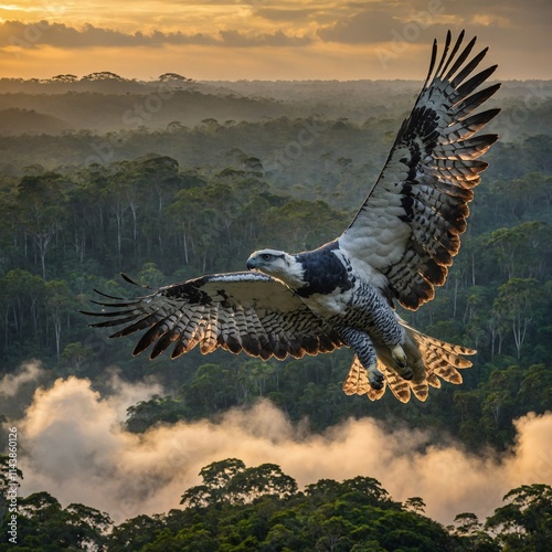 A harpy eagle soaring above the Amazon rainforest during sunset.