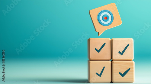 Wallpaper Mural A stack of wooden blocks with check marks, topped by a speech bubble featuring a target, symbolizing goals and achievements. Torontodigital.ca