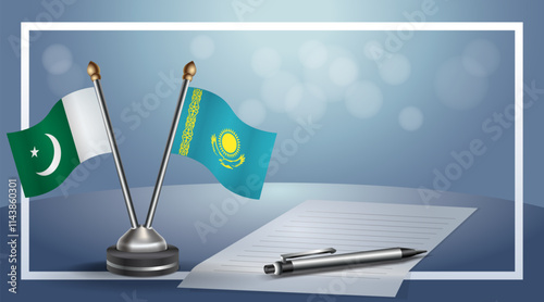 Pakistan and Kazakhstan National flags on small table with bokeh background, cooperative relationship
