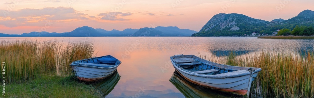 Calm evening on Lake Skadar with wooden boats against a sunset backdrop in Montenegro Calm evening on Lake Skadar with wooden boats against a sunset backdrop in Montenegro