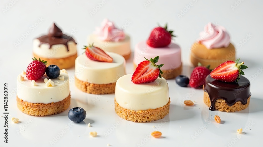 An assortment of miniature creamy desserts, each adorned with fresh berries and chocolate ganache, arranged on a pristine white surface. An assortment of miniature creamy desserts, each adorned with fresh berries and chocolate ganache, arranged on a pristine white surface.