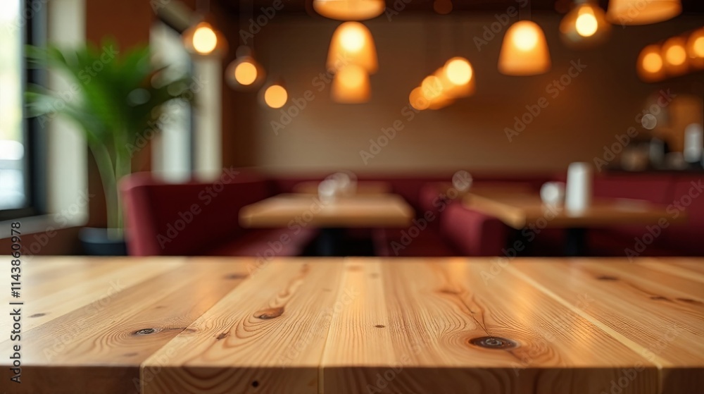 Warm Lighting Illuminates a Rustic Wooden Tabletop in a Cozy Restaurant Setting Warm Lighting Illuminates a Rustic Wooden Tabletop in a Cozy Restaurant Setting