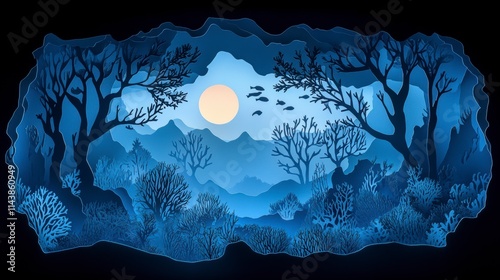 Stunning Paper Cut Underwater Forest, A Deep Blue Dreamlike Scene of Coral Reefs and Trees