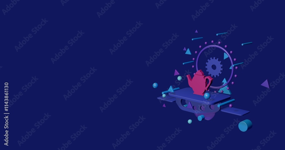 Pink teapot on a pedestal of abstract geometric shapes floating in the air. Abstract concept art with flying shapes on the right. 3d illustration on indigo background Pink teapot on a pedestal of abstract geometric shapes floating in the air. Abstract concept art with flying shapes on the right. 3d illustration on indigo background