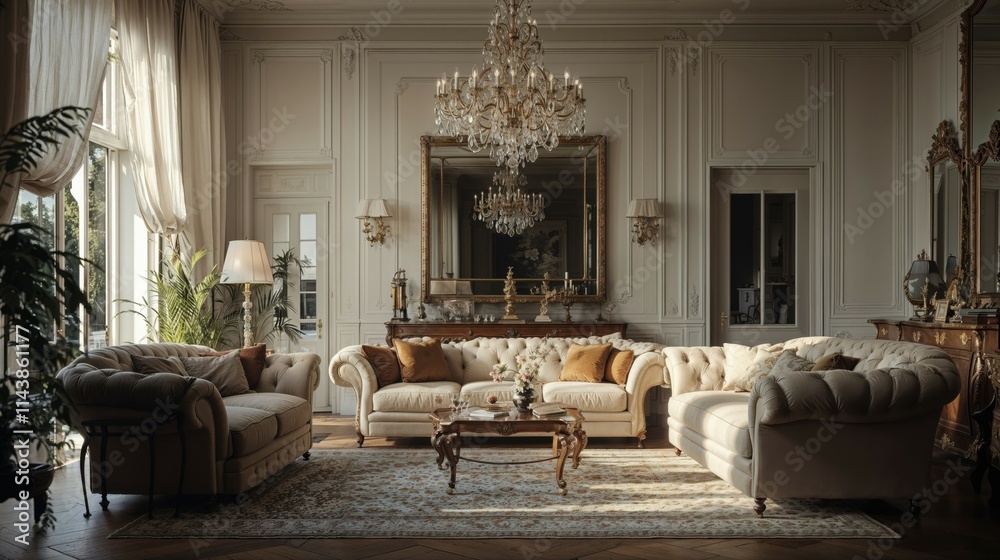 Luxurious living room featuring tufted sofas, a crystal chandelier, ornate mirrors, and refined decor, exuding timeless elegance and sophistication Luxurious living room featuring tufted sofas, a crystal chandelier, ornate mirrors, and refined decor, exuding timeless elegance and sophistication