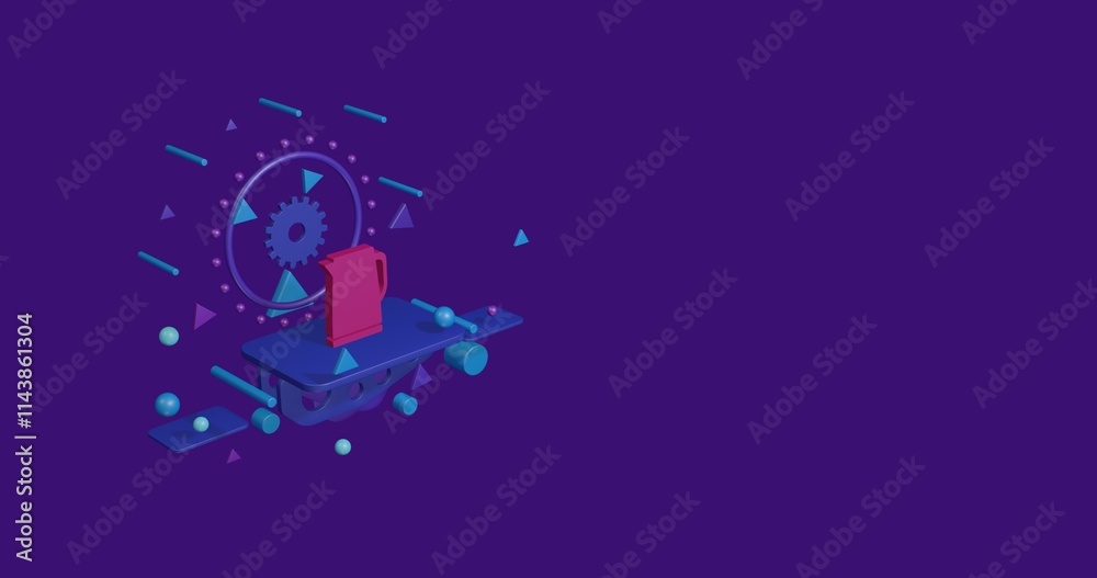 Obraz premium Pink kettle symbol on a pedestal of abstract geometric shapes floating in the air. Abstract concept art with flying shapes on the left. 3d illustration on deep purple background