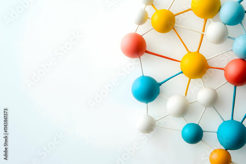 A colorful molecular structure with interconnected spheres on a light background, representing scientific concepts like chemistry and biology.
