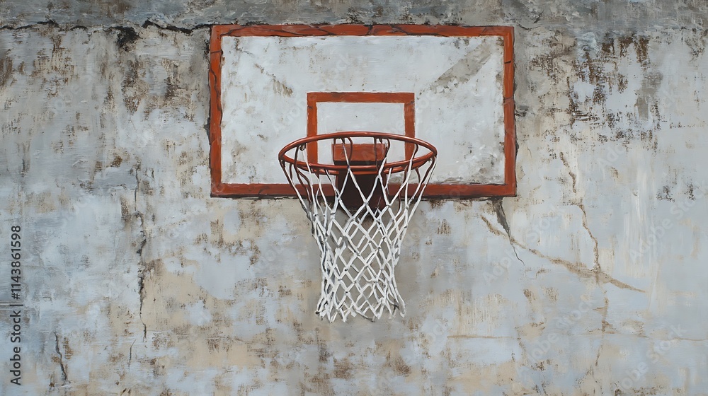 The net of a basketball hoop hangs on a rough concrete wall The net of a basketball hoop hangs on a rough concrete wall