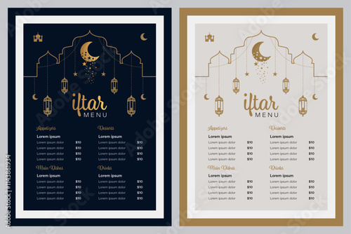 Ramadan Iftar Menu and invitation with Dark and Light Backgrounds, Featuring Crescent Moons, Stars, and Ramadan Lights.