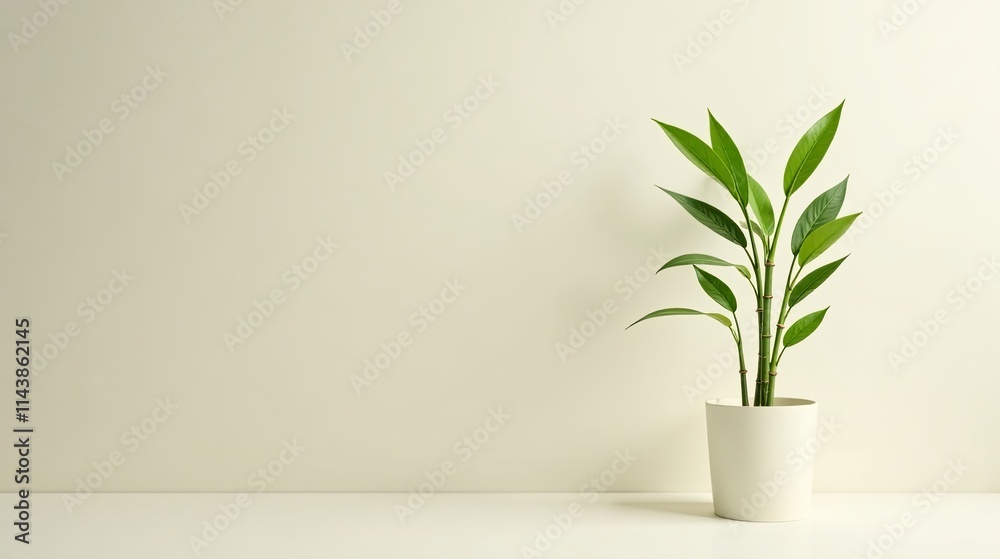 Serene Minimalist Houseplant in a Simple White Pot Against a Pale Wall Serene Minimalist Houseplant in a Simple White Pot Against a Pale Wall
