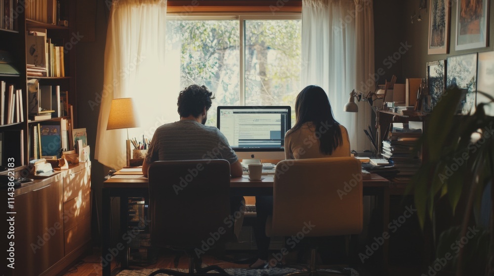 Couple working from home at a desk in a sunlit room. Couple working from home at a desk in a sunlit room.