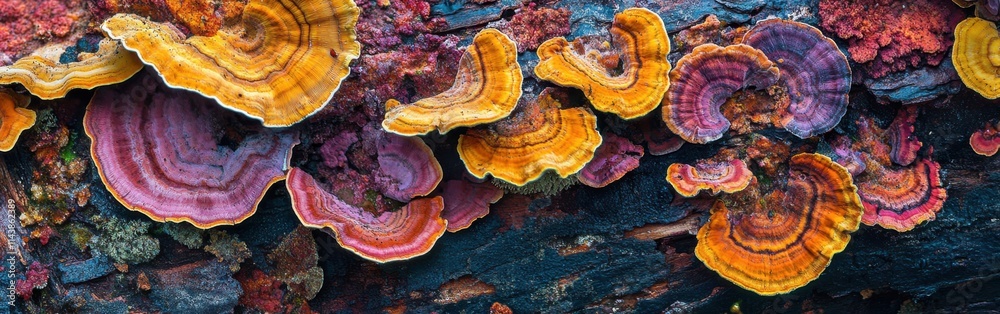 Colorful autumn mushrooms thrive on fallen log in vibrant forest setting showcasing seasonal beauty and natural diversity Colorful autumn mushrooms thrive on fallen log in vibrant forest setting showcasing seasonal beauty and natural diversity