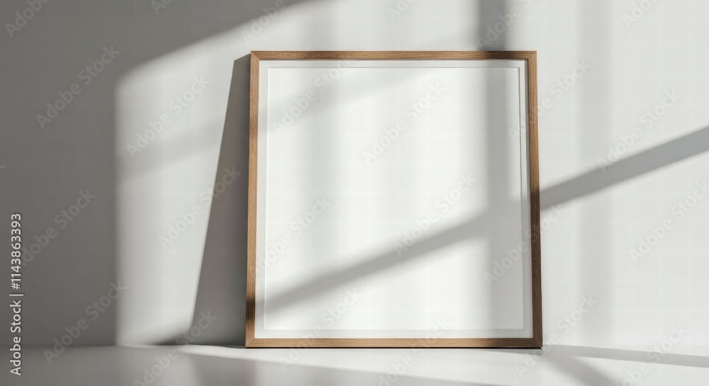 Minimalist wooden frame on sunlit wall with artistic shadows Minimalist wooden frame on sunlit wall with artistic shadows