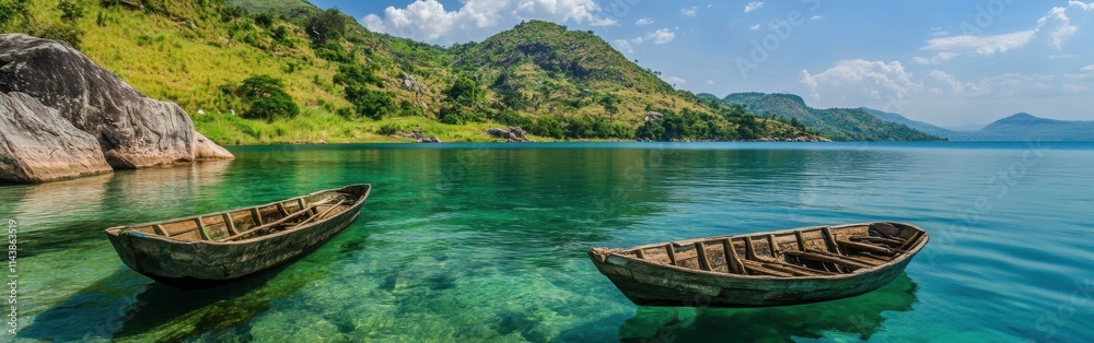 Clear waters of Lake Malawi reveal vibrant fish and scenic landscapes with traditional wooden boats under the sun Clear waters of Lake Malawi reveal vibrant fish and scenic landscapes with traditional wooden boats under the sun