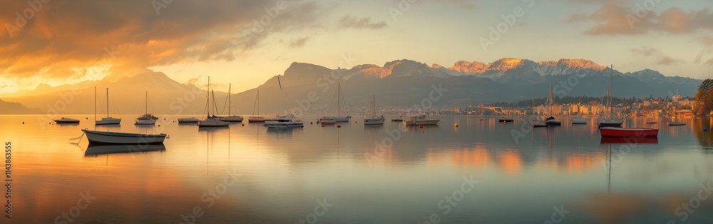 Beautiful sunset over Lake Geneva with boats gently resting on the calm waters of Switzerland Beautiful sunset over Lake Geneva with boats gently resting on the calm waters of Switzerland