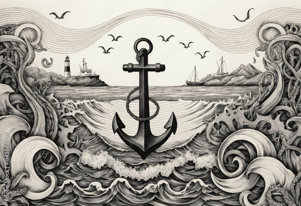 Naklejka premium Black and white nautical scene with anchor and waves