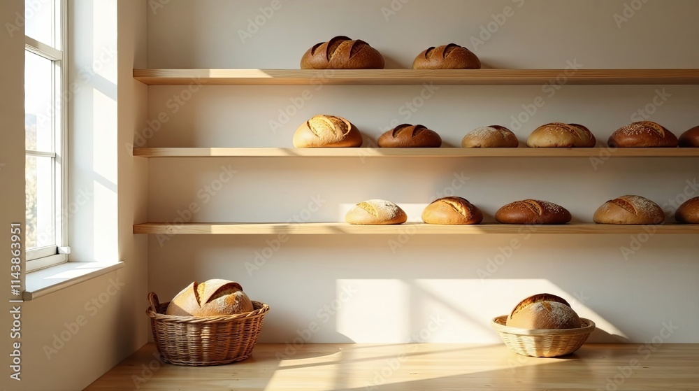 Golden-brown loaves of freshly baked bread displayed on wooden shelves, bathed in warm sunlight, creating a rustic and inviting bakery atmosphere. Golden-brown loaves of freshly baked bread displayed on wooden shelves, bathed in warm sunlight, creating a rustic and inviting bakery atmosphere.