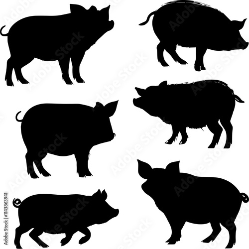 Collection of Black Pig Silhouettes, Farm Animal Vector Design Elements Isolated on White Background icon set photo